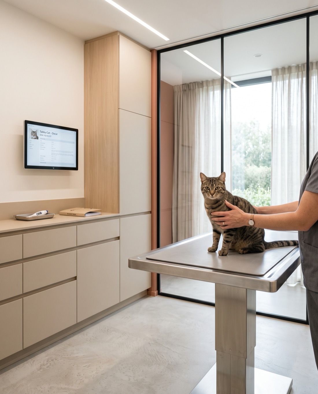 Kliniğin muayene odasında çelik masanın üstünde sakince oturan tekir kedi ve onu tutan hekimin elleri
